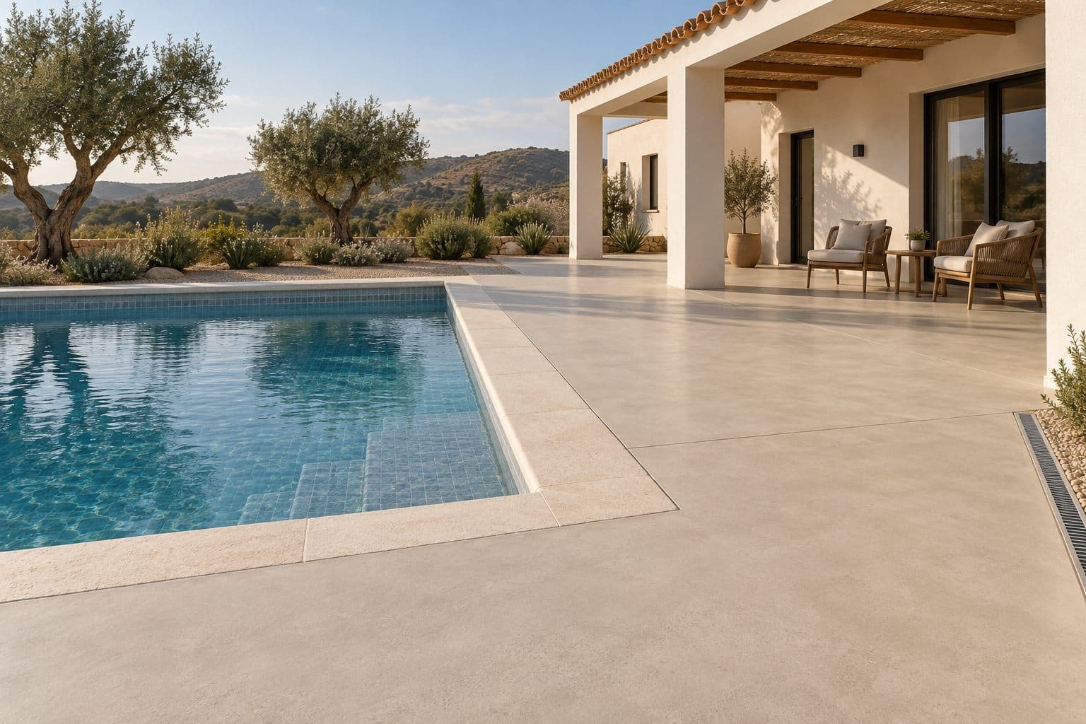 Visualización de referencia: terraza de vivienda unifamiliar junto a piscina privada con suelo continuo de microcemento