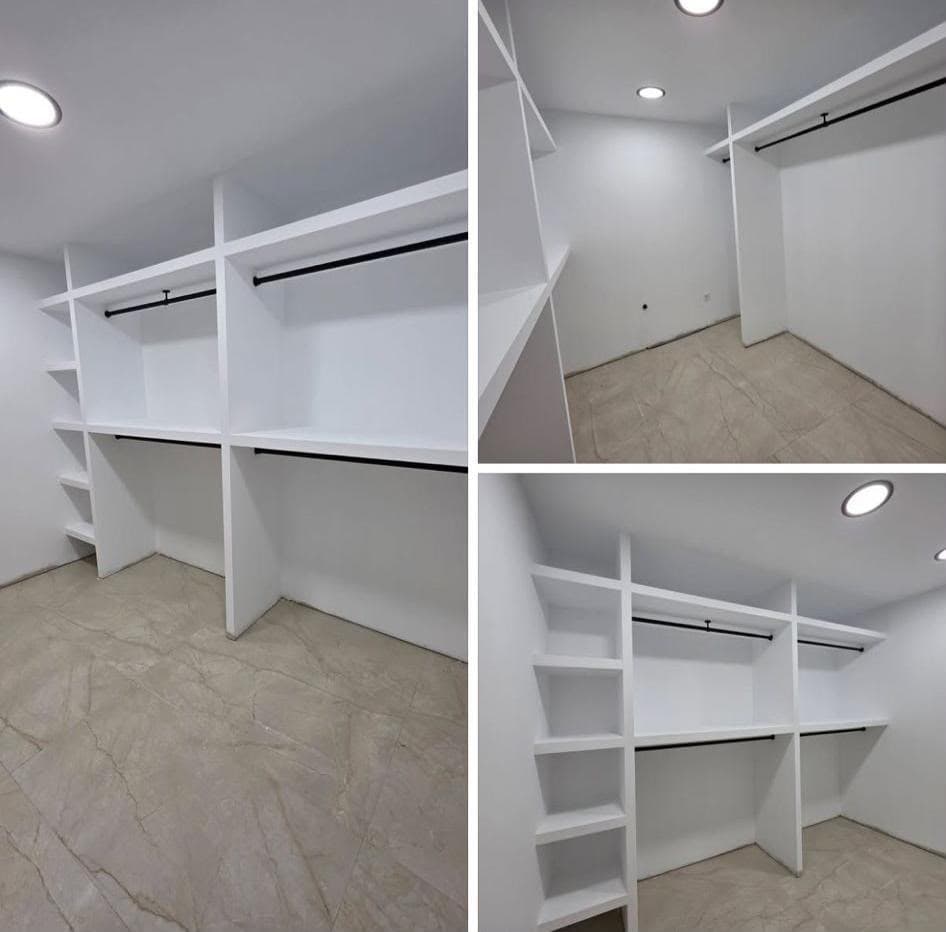 Estanterías de Pladur en obra para un vestidor, sin pintar y sin decoración