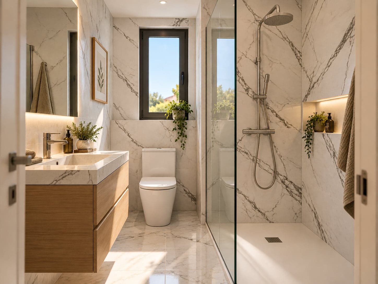 Baño con composición similar a la imagen anterior, revestido en mármol blanco con vetas oscuras en paredes y zona de ducha.