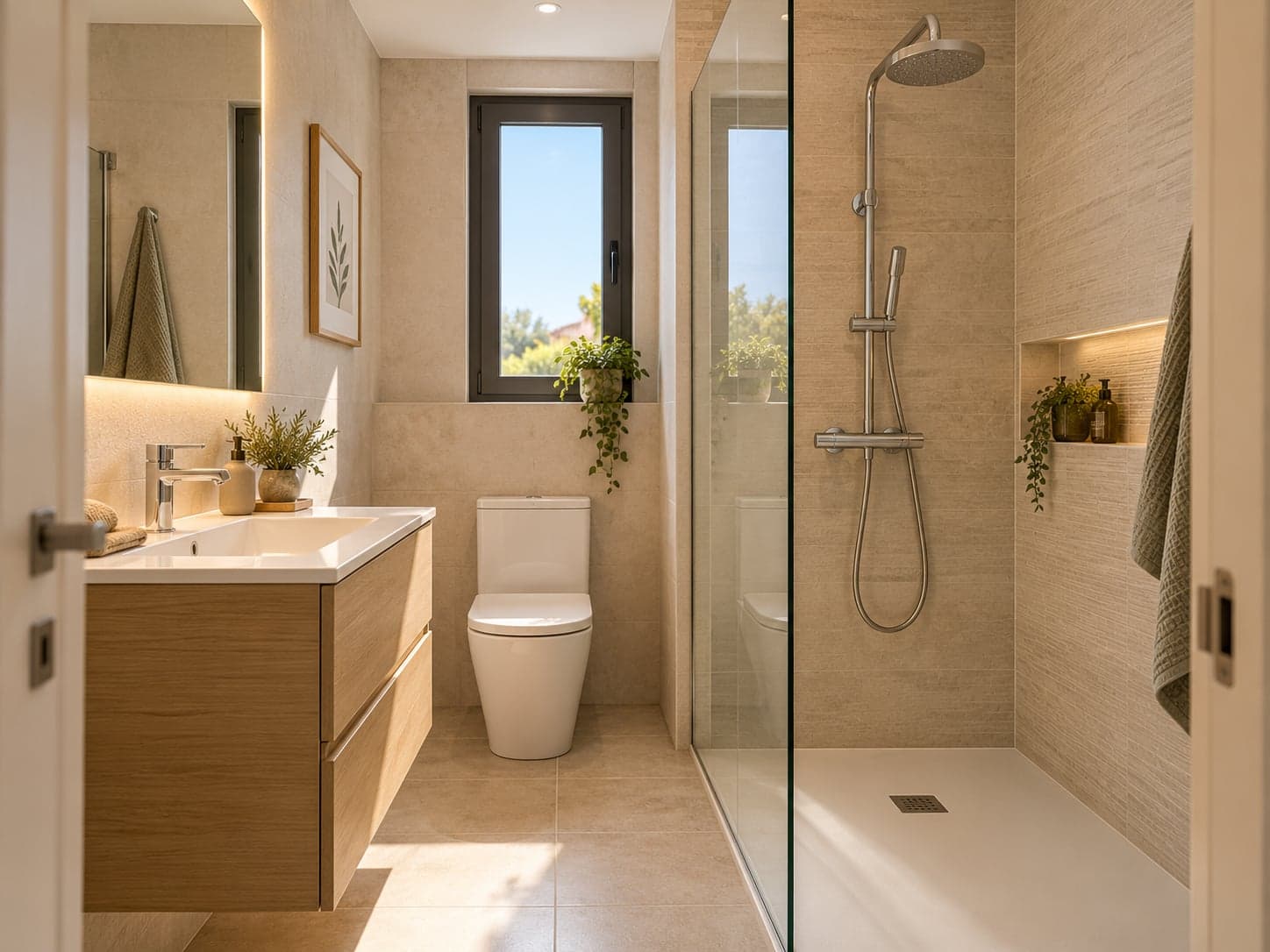 Baño pequeño con lavabo suspendido de madera a la izquierda, inodoro al fondo y ducha con mampara de cristal a la derecha, alicatado cerámico en tono arena.