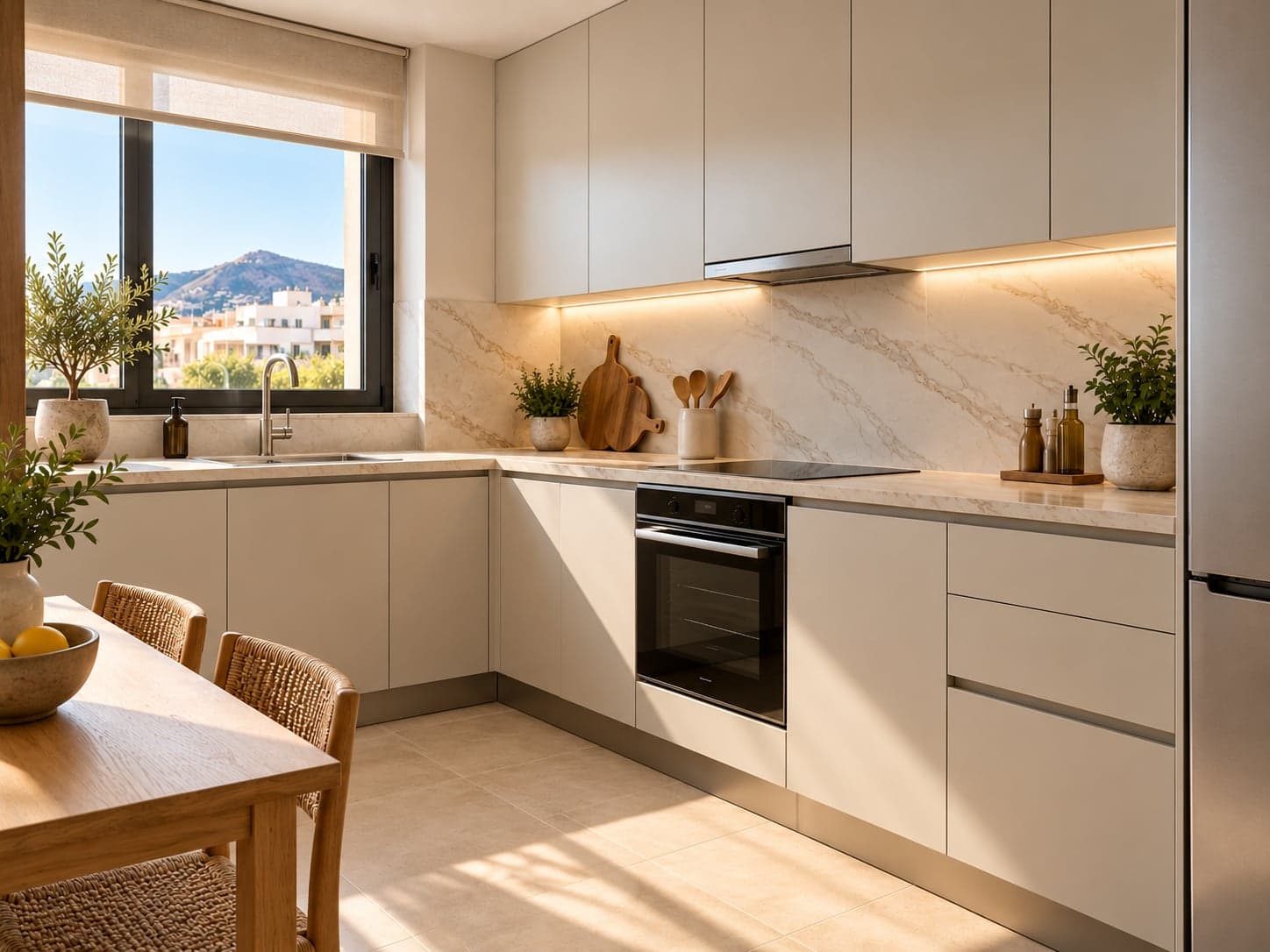 Cocina con composición similar a la imagen anterior, con encimera y salpicadero en mármol veteado y mobiliario en tono más oscuro.