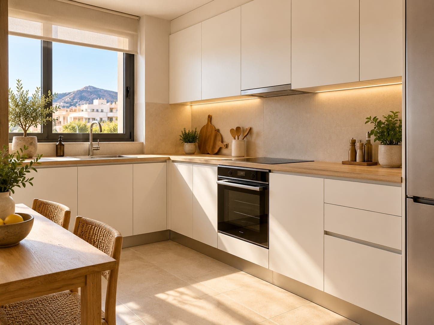 Cocina en L con mobiliario liso en blanco, encimera y salpicadero en madera clara, con ventana sobre la zona de fregadero.