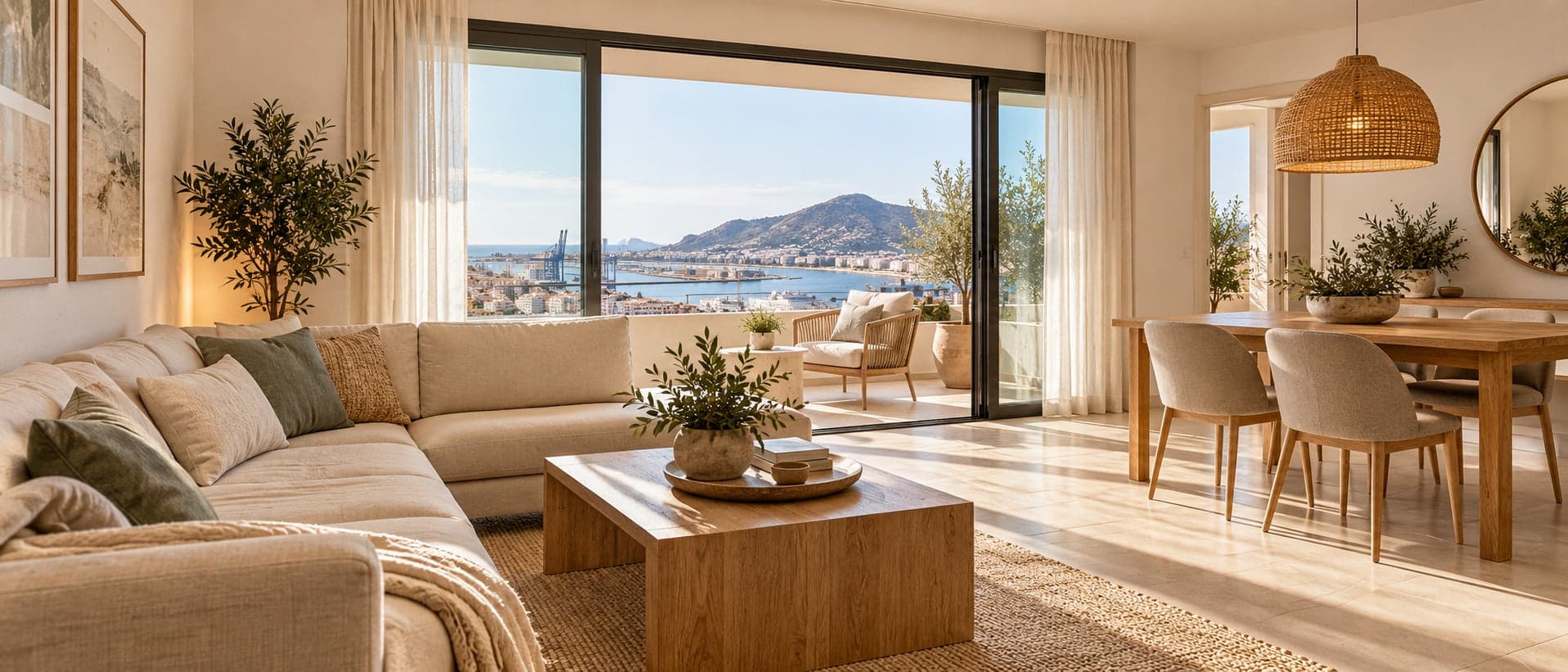 Salón-comedor mediterráneo contemporáneo y luminoso, con vistas exteriores a través de un ventanal amplio.