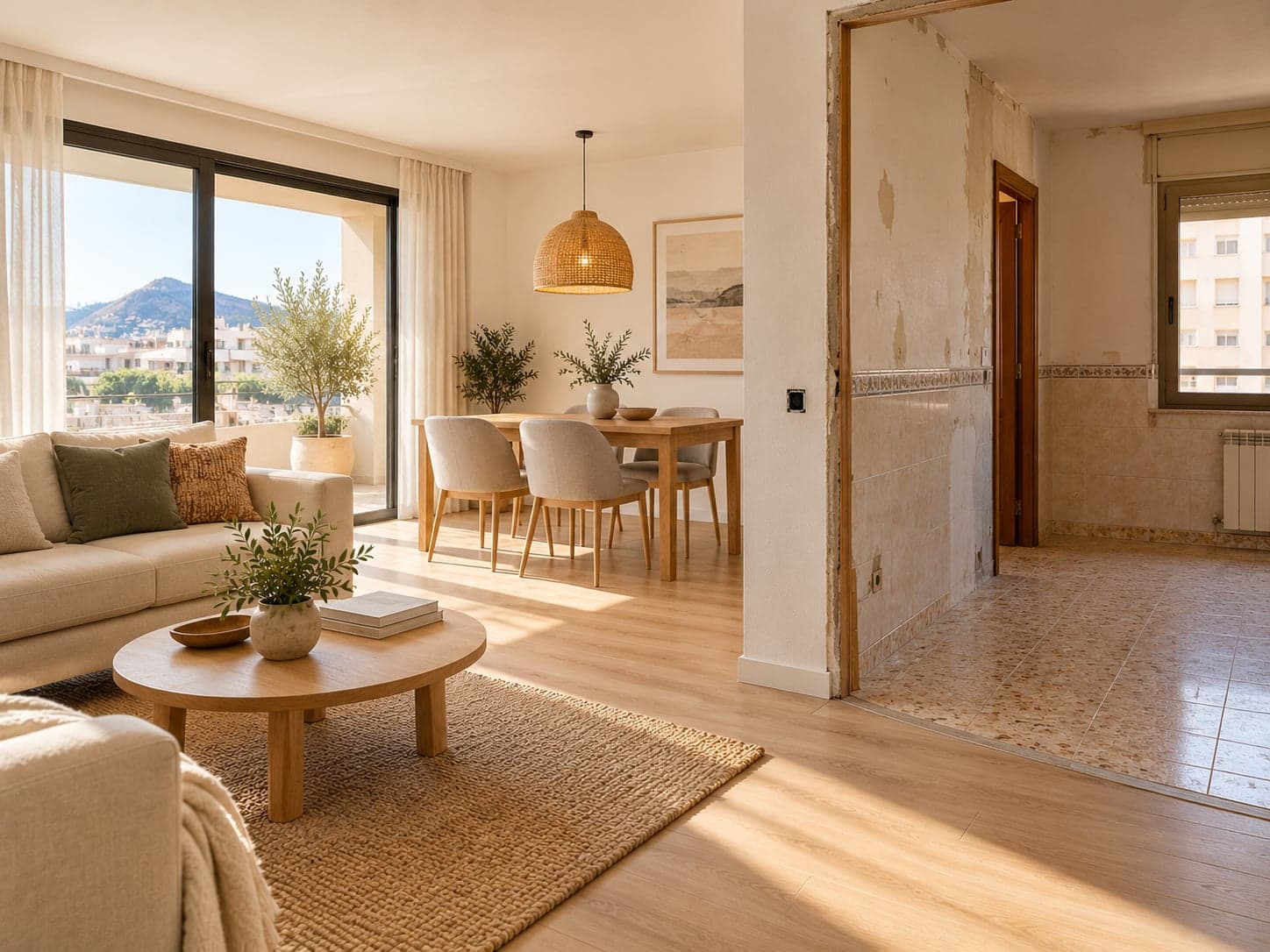 Salón-comedor con suelo de madera y mobiliario ya renovados, contiguo a una zona con alicatado antiguo parcialmente retirado y solado original.