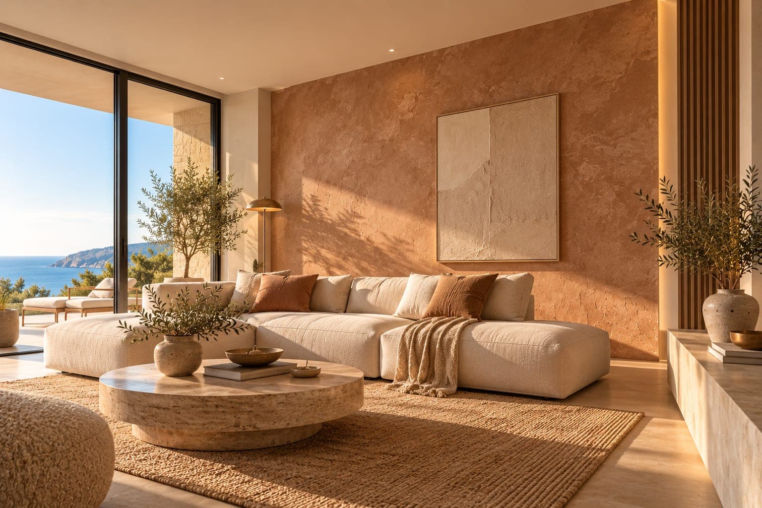 Salón con pared de revestimiento mineral texturizado en tono terracota