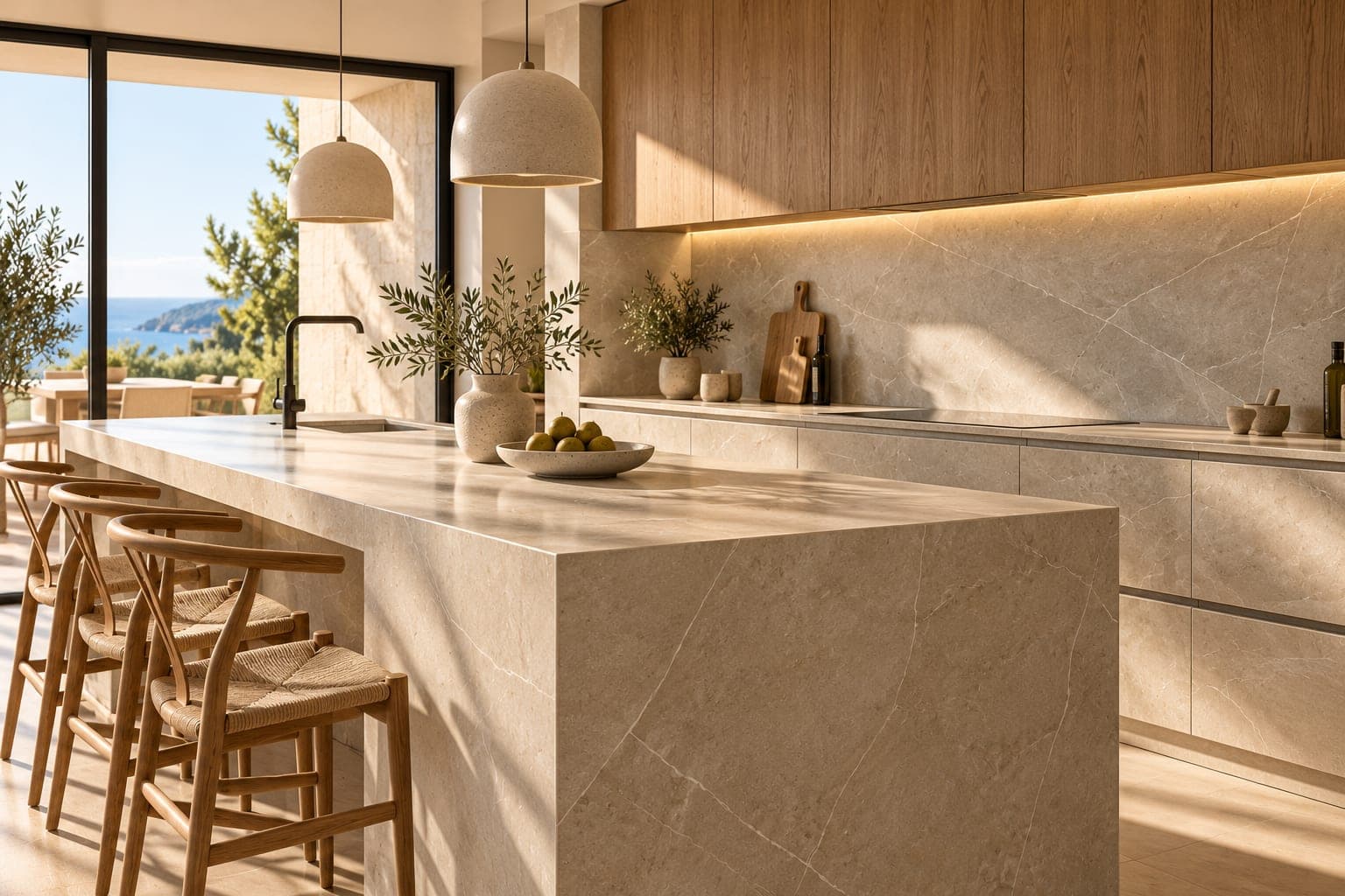 Cocina con isla y revestimiento en gran formato cerámico