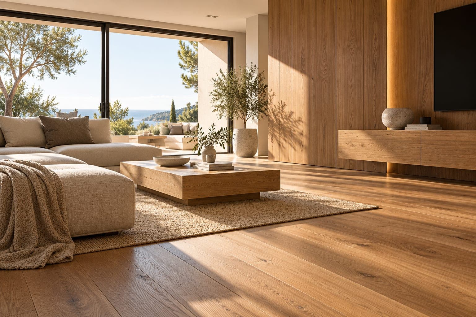 Salón con suelo y panelado en madera natural