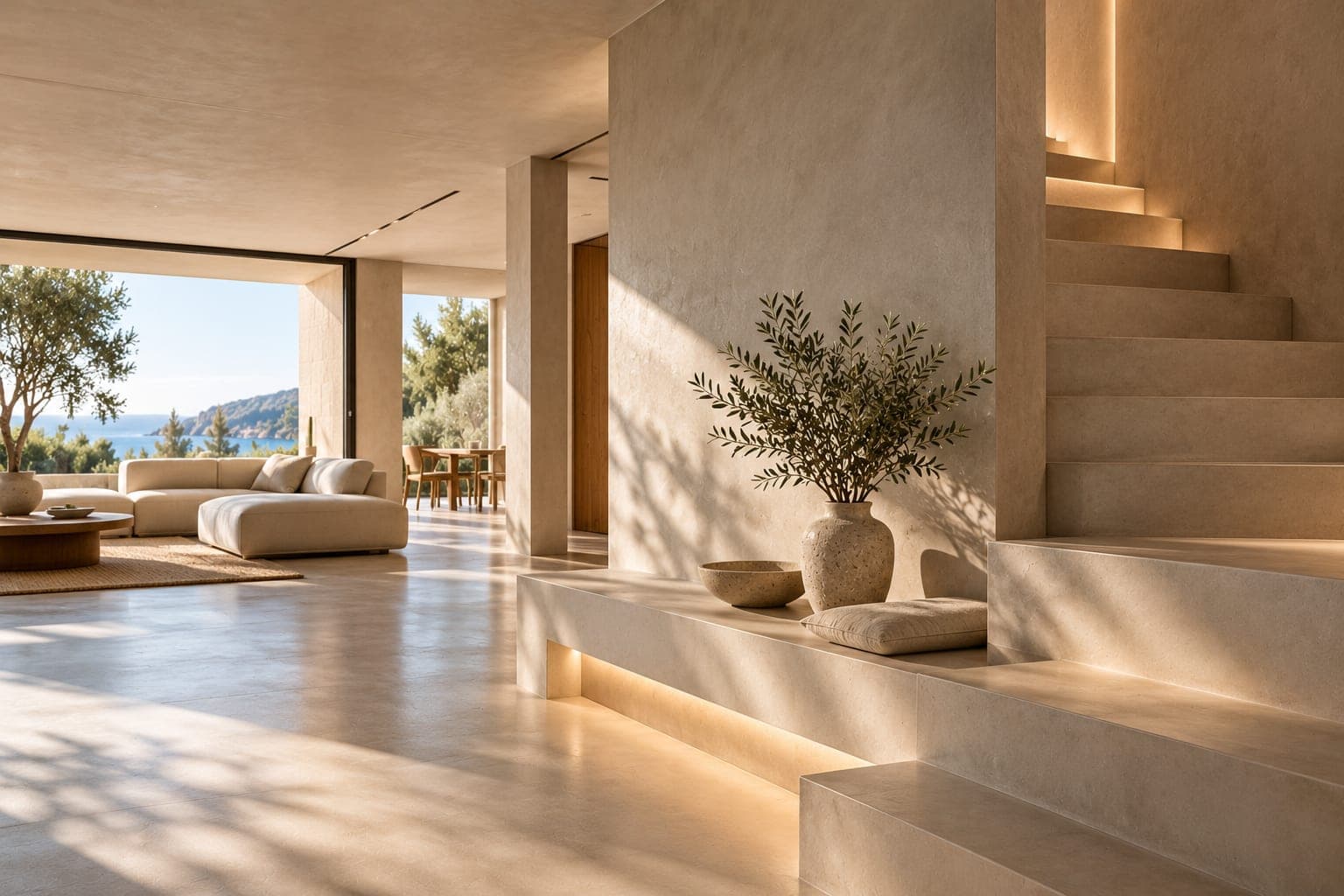 Pasillo con suelo, pared y escalera en microcemento continuo