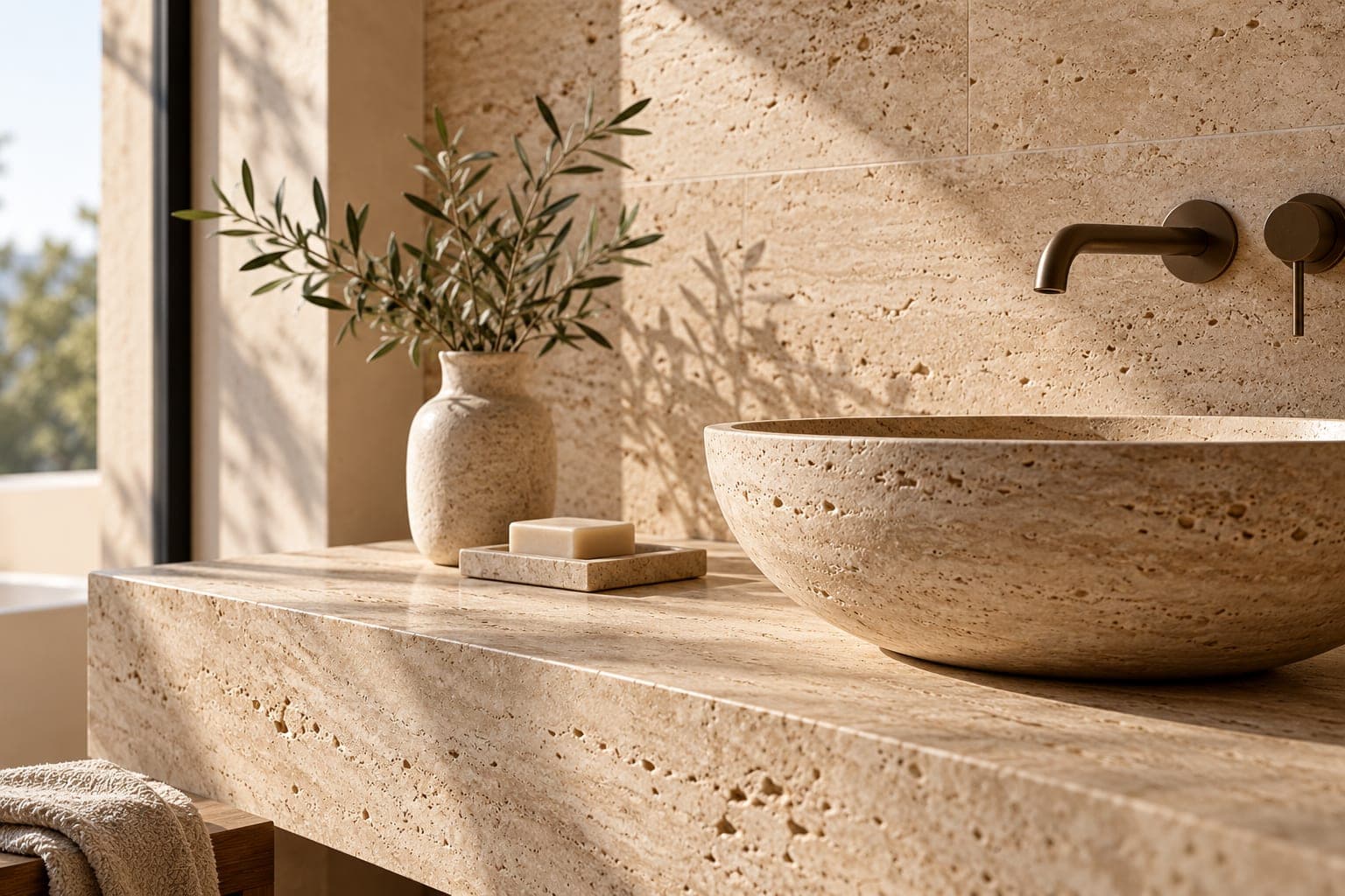 Lavabo y encimera de travertino natural en un baño