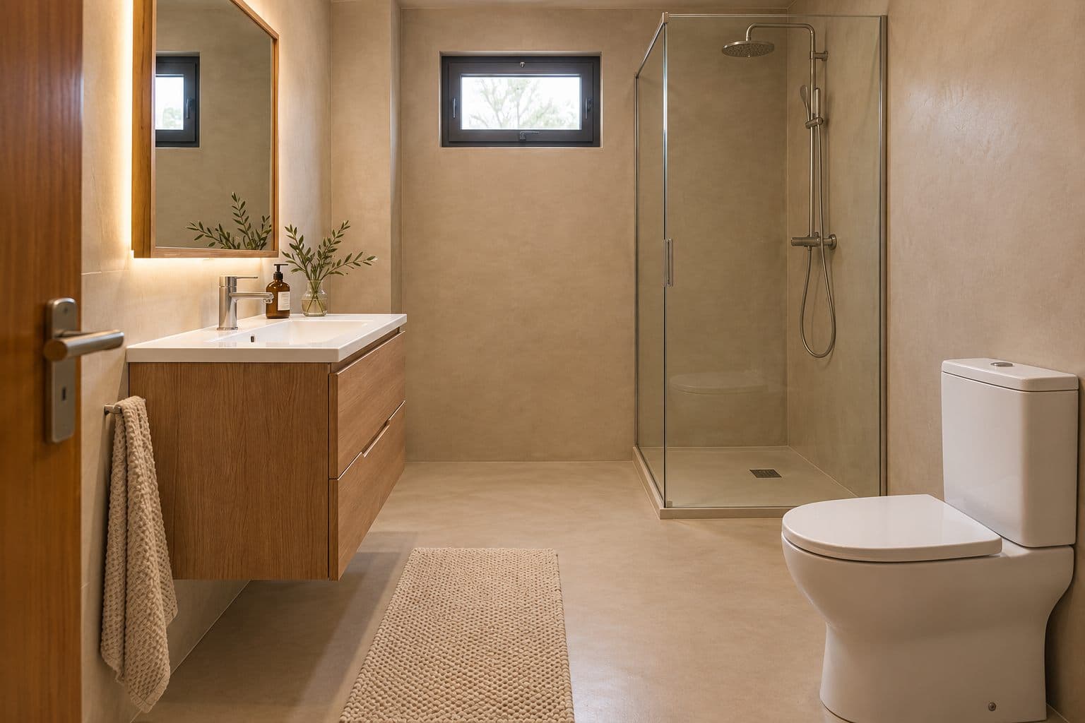 Visualización de referencia: baño con suelo y paredes en microcemento continuo