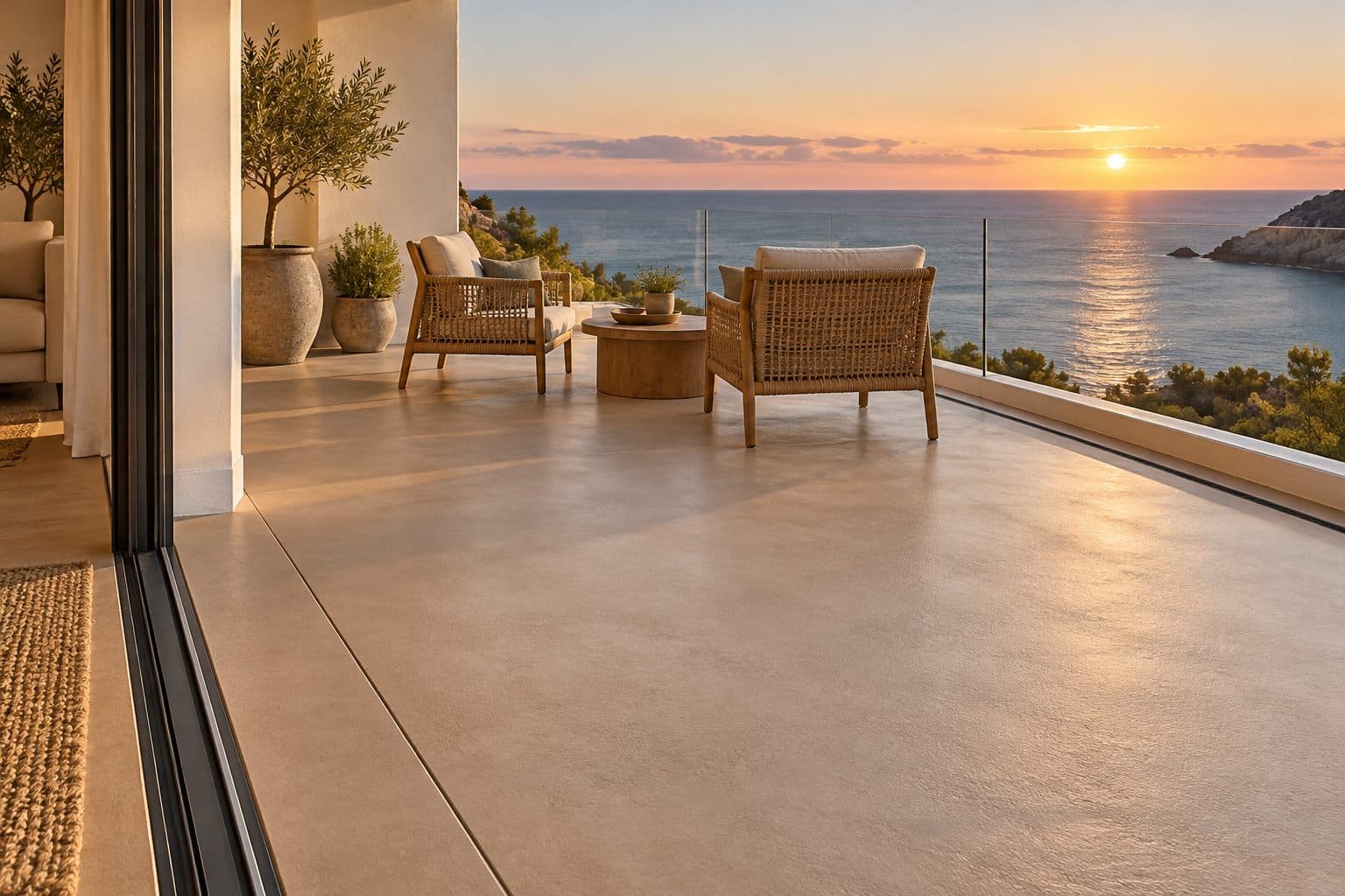 Visualización de referencia: terraza con suelo continuo de microcemento y vistas al Mediterráneo