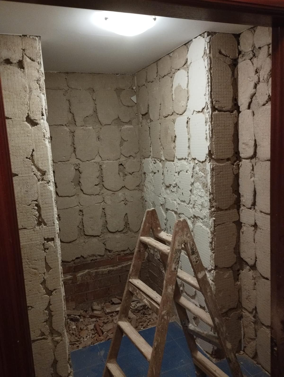 Derribo del baño, con el tabique picado hasta el ladrillo
